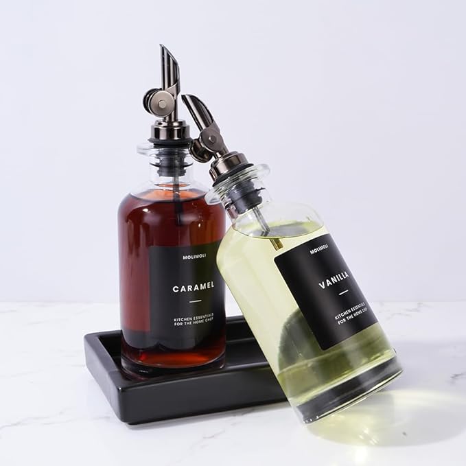 Molimoli Oil and Vinegar Dispenser with Metal Pour Spout, Weighted Pourer, Glass Bottle Dispenser for Kitchen w. Ceramic Tray|Black, 350ml, Set of 2-Ruum Studio Home