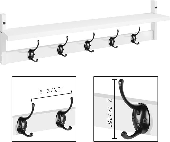 BAMEOS Wall-Mounted Wood Shelf with 5 Dual Hooks for Bathroom, Living Room, Bedroom (White-with Shelf)-Ruum Studio Home