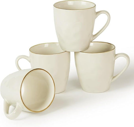 famiware Coffee Mugs Set of 4, Ocean Round 11.5oz Coffee Cup Set with Handle for Cocoa, Milk, Hot Chocolate, Tea or Water, Stoneware Cups for Kitchen, Microwave Dishwasher Safe, Vanilla White-Ruum Studio Home