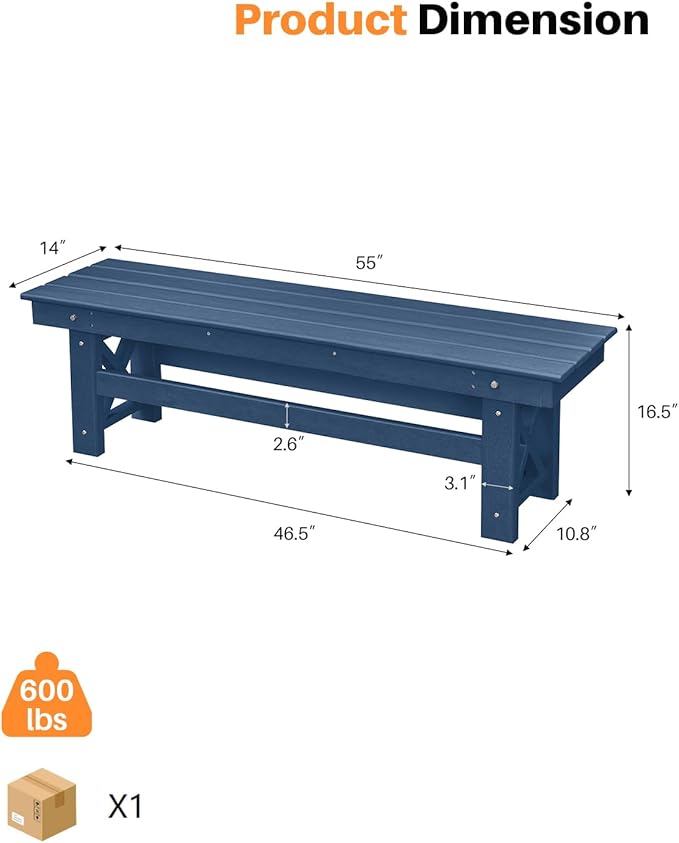 HDPE Outdoor Bench, 55" Patio Bench Outdoor Furniture, Poly Lumber Adirondack Benches, All Weather HDPE Garden Backless Benches for Park, Poolside, Deck, Porch, Navy-Ruum Studio Home