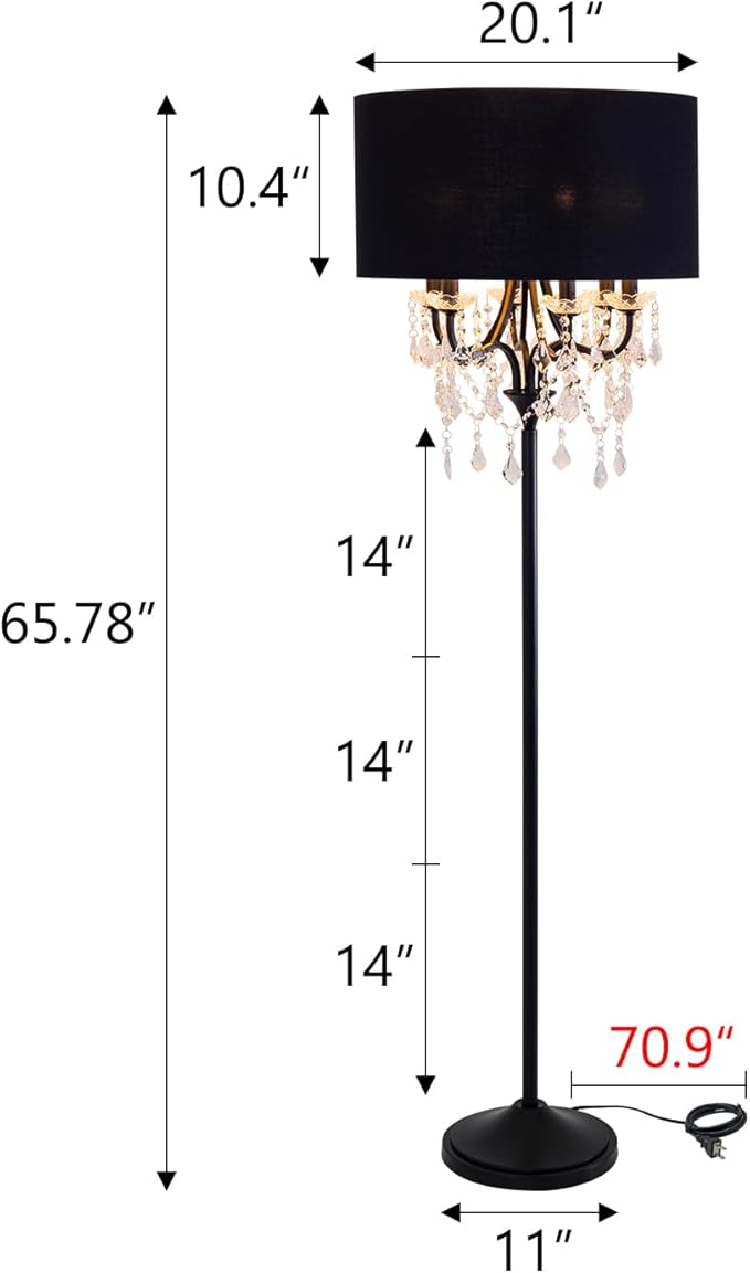 Wellmet Black Crystal Drum Shade Floor Lamp, 6 Light Black Gold Shade, Candle Base, for Living Room, Bedroom, Reading Room, Hallway, Corridor-Ruum Studio Home