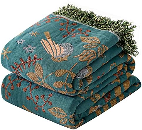 Boho Throw Blanket for Bed Couch 100% Cotton Woven Bed Throws for All Season Lightweight and Soft Cozy Farmhouse Reversible Muslin Decorative Blanket for Travel Picnic, Teal/Cream, 91''x98''-Ruum Studio Home