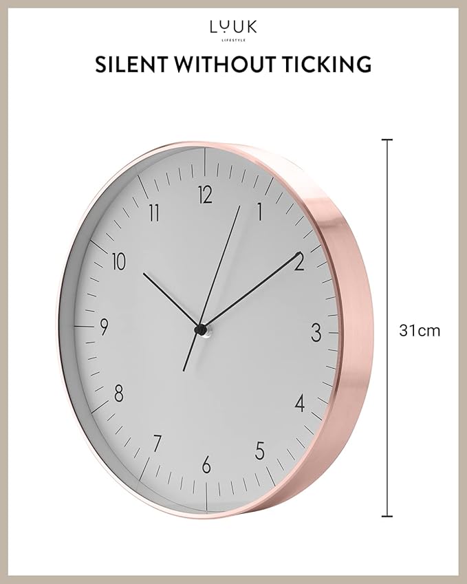 LUUK LIFESTYLE Timeless Wall Clock with Silent Movement and no Ticking, Elegant Design, for Children's Room, Living Room, Bathroom, 12”, White and Rosegold-Ruum Studio Home