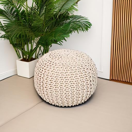 REDEARTH Round Pouf Ottoman - Cable Knitted Boho Poof - Home Décor Cord Pouffe Handmade Circular Footrest for Living Room - Bedroom - Kids Bedroom - 100% Cotton Pouf (19.5"x19.5"x14") - Ivory-Ruum Studio Home