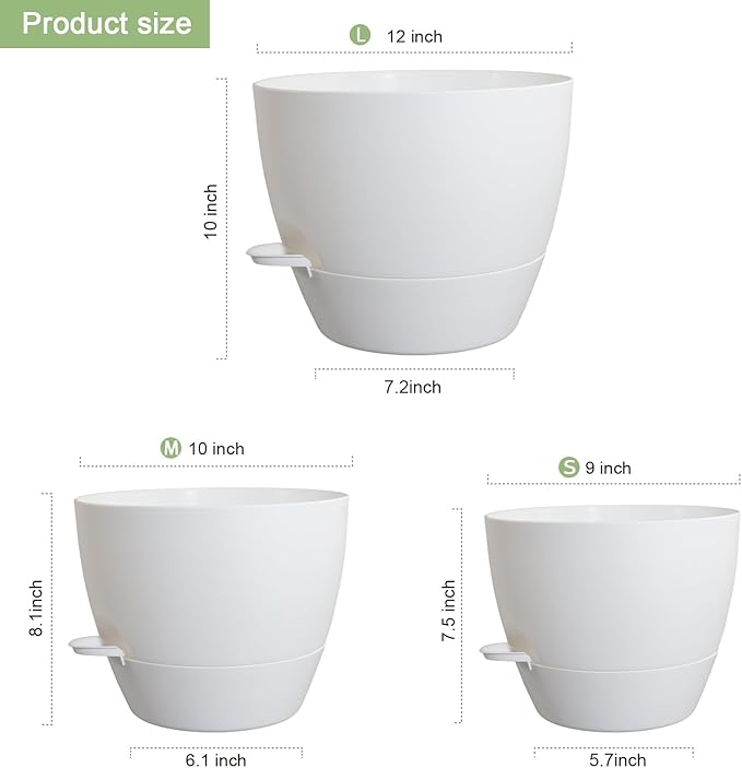 12/10/9 inch Large Self Watering Pots, Plant Pots with Mesh Drainage Holes for Indoor Outdoor Garden Plants, Flower Pots with Removable Deep Reservoir, Set of 3 Plastic Planters, White-Ruum Studio Home