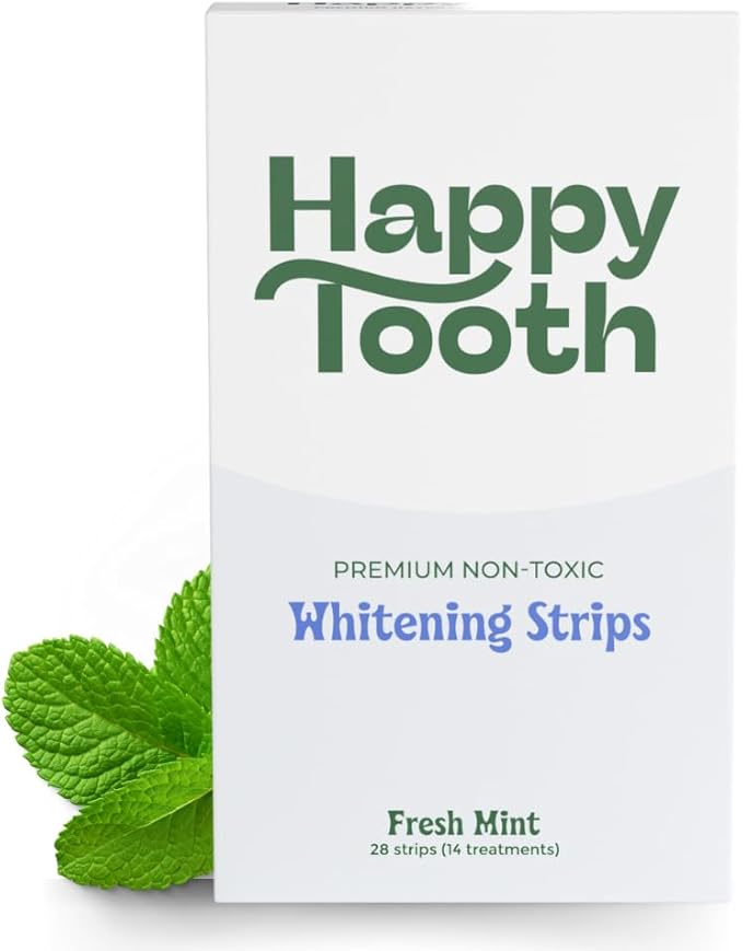 Happy Tooth Natural Teeth Whitening Kit, Strips for Sensitive Teeth, Enamel Safe, Dentist Formulated, Fluoride Free, Natural Ingredients, Gentle Daily Use, 28 Strips, 14 Treatments, Fresh Mint Flavor-Ruum Studio Home
