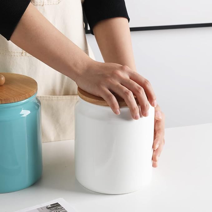 Sweejar Ceramic Kitchen Canisters, 58 FLOZ Porcelain Food Storage Jar with Airtight Seal Wooden Lid, Home Container Serving for Coffee Beans, Tea-leave, Sugar, Salt and More, Tool Bucket (White)-Ruum Studio Home