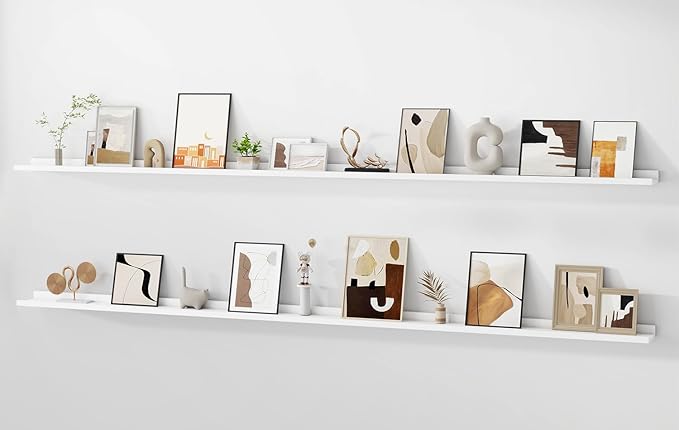 Floating Picture Ledge Shelves for Wall Set of 2, 95 Inches Picture Ledge Shelf with Long Large Nursery Book Shelf for Toys Storage Kids Bookshelf Wall Mounted Living Room Bedroom Decor Frames, White-Ruum Studio Home