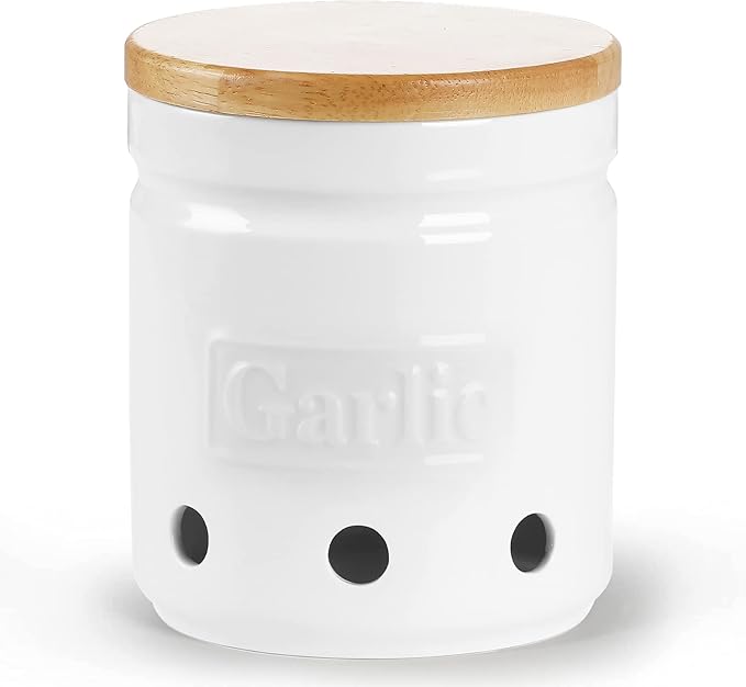 Large Garlic Keeper with Wooden Lid, Ceramic Garlic Holder Storage, Garlic Container for Kitchen, Garlic Saver to Keep Your Garlic Cloves Fresh Longer 4.5-Inch, White-Ruum Studio Home