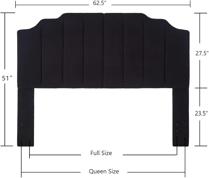 24KF Black Teddy Fabric Tufted for Queen Upholstered Headboard, Modern Vertical Channel Design Full Headboard with Stepped Silhouette Top Edge, 6026-Q-Teddy Black-Ruum Studio Home