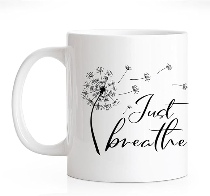 RZHV Just Breathe 11 Oz Novelty Mug, Funny Dandelion Coffee Mug for Floral Lover, Calming Gifts for Yoga Lover, Meditation Mental Health Gifts for Women-Ruum Studio Home