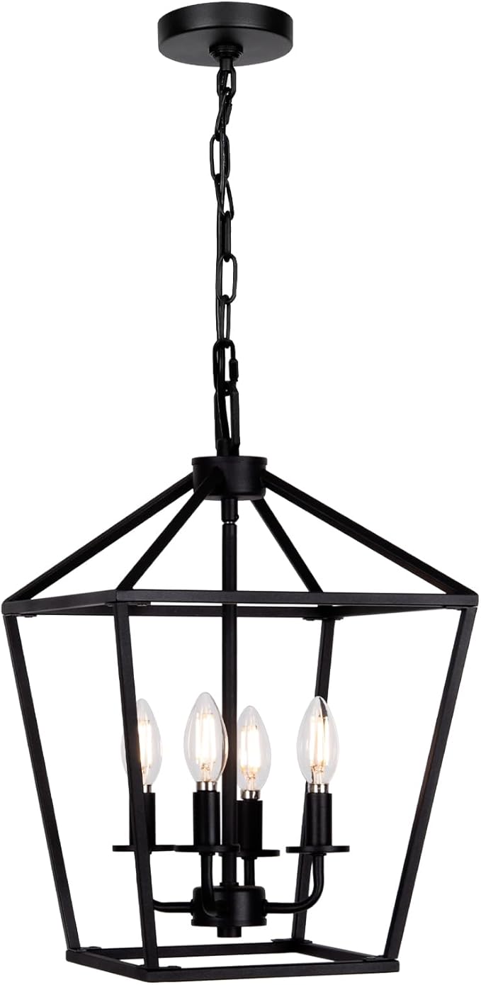 4 Light Chandelier, Industrial Ceiling Light Black Lantern Light Fixtures with Farmhouse Metal Cage Adjustable Height Rustic Geometric Hanging Light E12 Base for Kitchen Island, Entryway, Indoor-Ruum Studio Home
