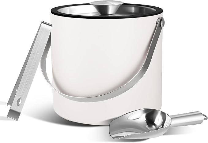 Insulated Ice Bucket with Silicone Lid, Scoop, Tongs & Strainer, 3L Stainless Steel Double Wall Ice Buckets for Parties & Cocktail Bar, Champagne Ice Bucket with Lid for Freezer, Ivory-Ruum Studio Home