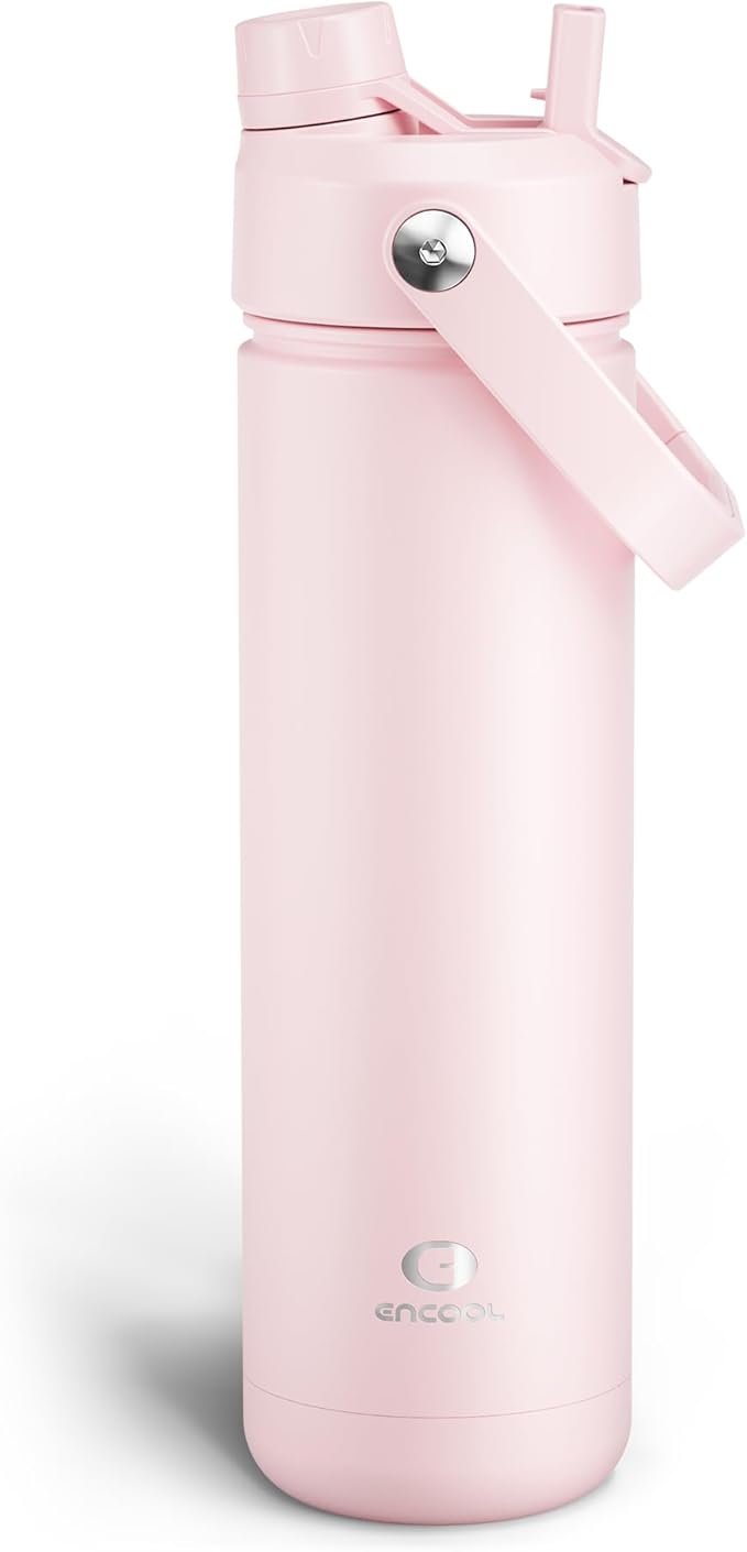 Insulated Water Bottle with Straw - Encool Stainless Steel Water Bottle, Leak-Proof, BPA-Free, Double Wall Vacuum Keeps Cold for 24 Hours for Sports, Travel, School (26 oz, Cotton Candy)-Ruum Studio Home