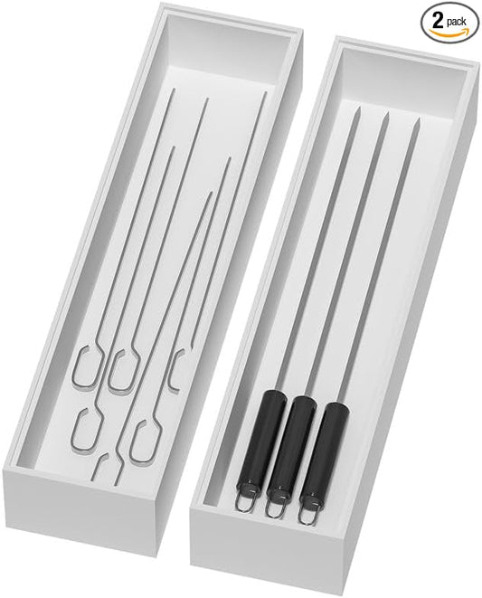 Bamboo Drawer Organizer, Narrow Silverware Organizer for Kitchen, Stackable Utensil Organizer, 2 Pcs Flatware Organizer for Drawer, Wooden Storage Box Tray (White, 12 X 3 X 2 Inch)-Ruum Studio Home