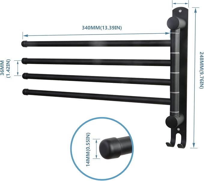 Black Towel Rack JSVER Swivel Towel Rack Wall Mounted, SUS304 Stainless Steel Towel Bar, 4 Arms Space Saving Towel Holder, Towel Racks for Bathroom-Ruum Studio Home
