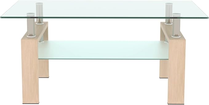 Glass Coffee Table Rectangle Living Room Center Table, 39inch Transparent Tempered Glass Tabletop and Beige Wood Grain Metal Legs, Beige + Clear Glass-Ruum Studio Home