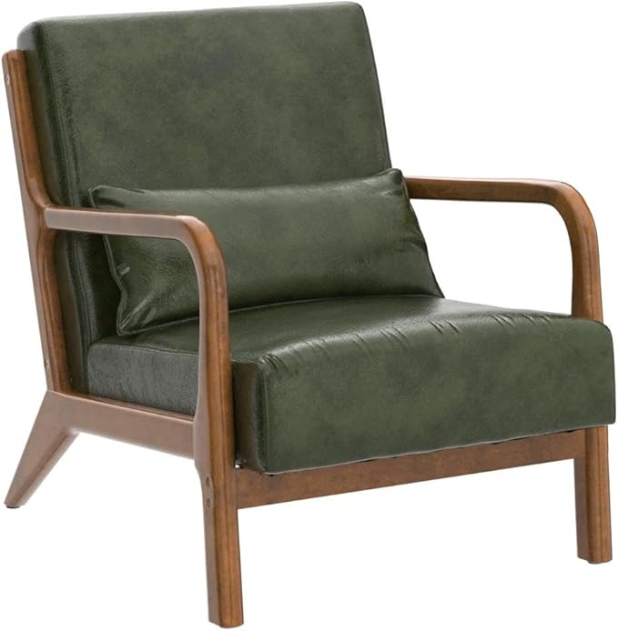 Glitzhome 2 Set Mid Century Hunter Green Accent Armchair, Single Reading Armchair PU Leather Lounge Chair with Walnut Ruberwood Frame-Ruum Studio Home