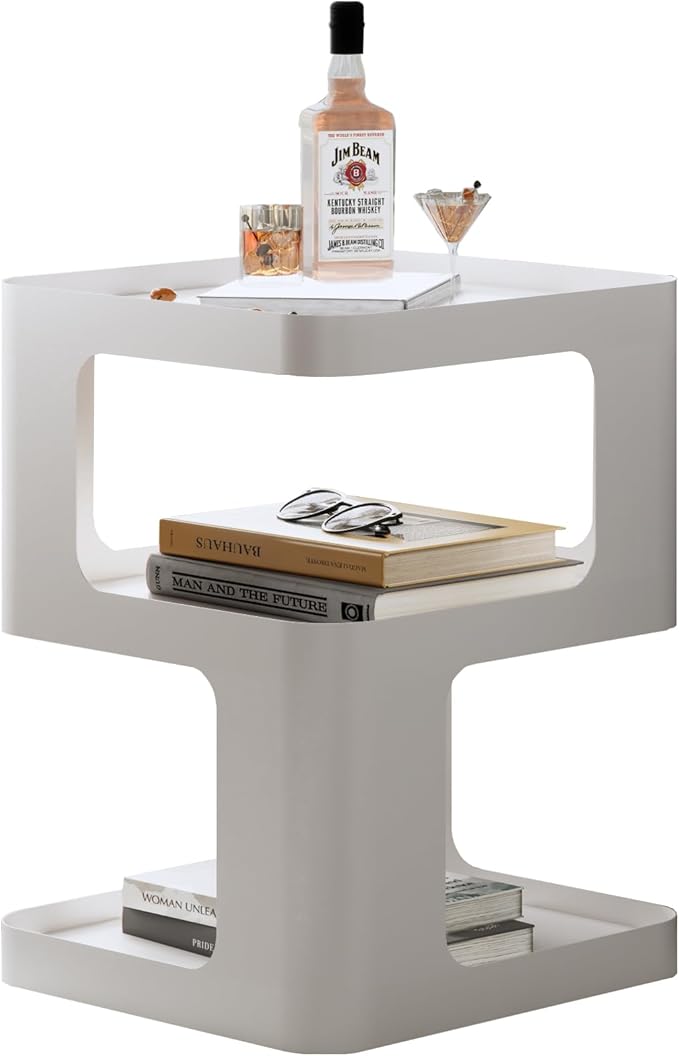 Modern Side Table,White end Table,Unique nightstand,Bedside Table,Metal 3-Tier Night Stand with Storage,Accent Side Table for Couch,Bedroom,Living Room.No Assembly Required.-Ruum Studio Home