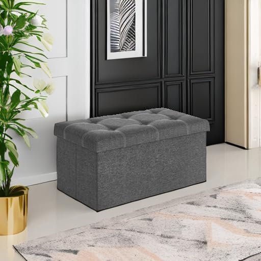 SONGMICS Mazie Collection - 30 Inches Ottoman Storage Bench, 21 Gal. Folding Chest with Breathable Linen-Look Fabric, Load up to 660 lb, for Entryway, Living Room, Bedroom, Dark Gray ULSF001G01-Ruum Studio Home
