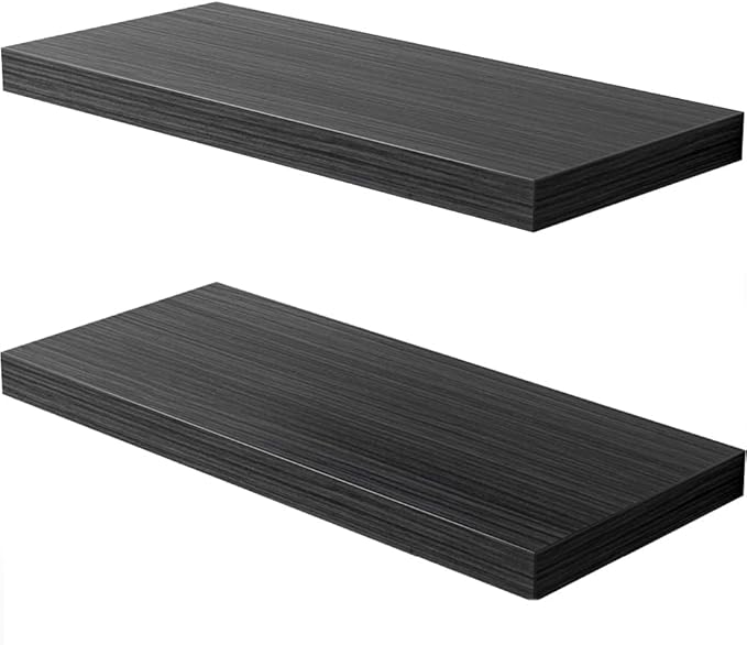 Floating Shelf, Set of 2 Wall Shelf, 24 in W x 12.75 in D x 2 in H Wooden Floating Wall Shelf with Invisible Brackets for Living Room/Bedroom/Bathroom/Kitchen Storage and Decor, Black Wood-Ruum Studio Home