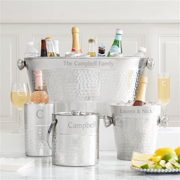 Personalization Universe Hampton Collection Custom Engraved Wine Chiller and Ice Bucket - Stainless Steel Ice Tub, Hand-Hammered Detail, Rolled Edges, Perfect for Wine, Champagne, and Beverage Cooling-Ruum Studio Home