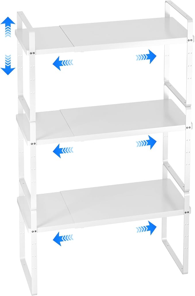 Expandable Cabinet Shelf Organizer, Stackable Kitchen Pantry Counter Storage, Adjustable Closet Cupboard Stand Rack Risers Spice Organization 80LBS Heavy Duty White 3 Pack-Ruum Studio Home