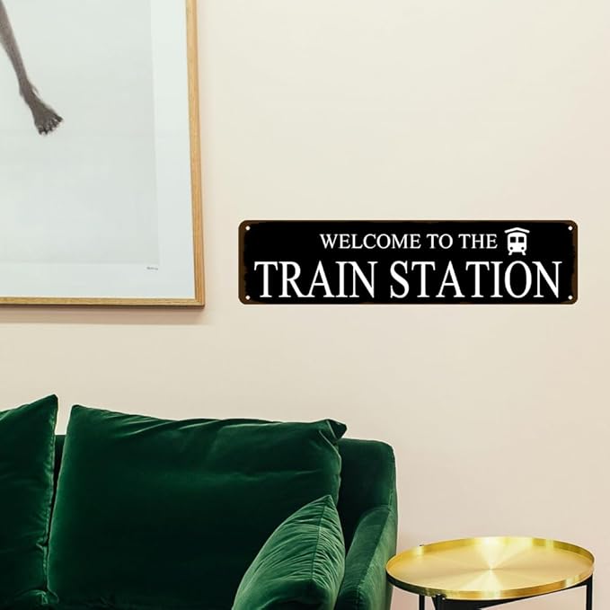 Rustic Train Station Sign Vintage Metal Tin Sign Welcome To The Train Station Signs Train Decor Home Bar Pub Poster Wall Art Decorative 4x16 Inch-Ruum Studio Home