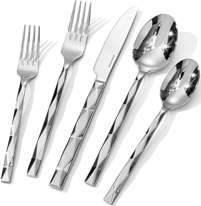 KINGSTONE Silverware Set, Luxury 20 Piece Flatware Set for 4, 18/10 Stainless Steel Cutlery Set with Diamond Cut Pattern for Kitchen, Home, Wedding, Party, Mirror Polished and Dishwasher Safe-Ruum Studio Home