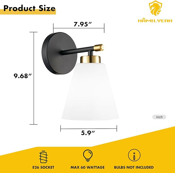Hamilyeah Black and Gold Wall Sconces Set of 2, Modern Industrial Bathroom Sconces Wall Lighting with Milk Glass Shade, Wall Sconce Lighting Fixture for Living Room, Kitchen, Fireplace, Hallway-Ruum Studio Home
