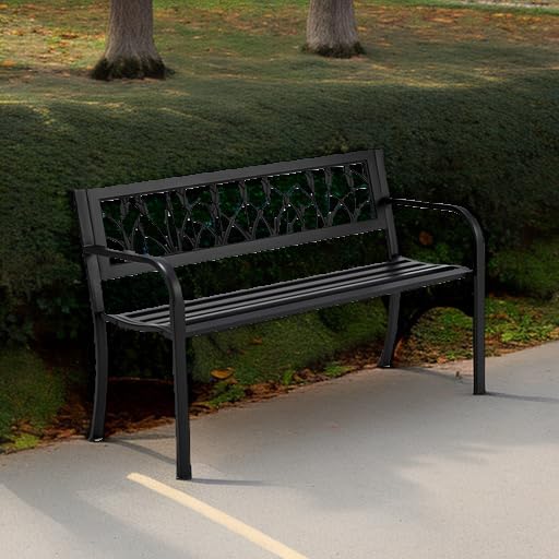 AVAWING Outdoor Bench, 2-Person Garden Benches for Outside, Metal Frame Patio Seating with Floral Pattern Backrest, Armrests for Lawn, Park, Porch, Entryway, Black-Ruum Studio Home