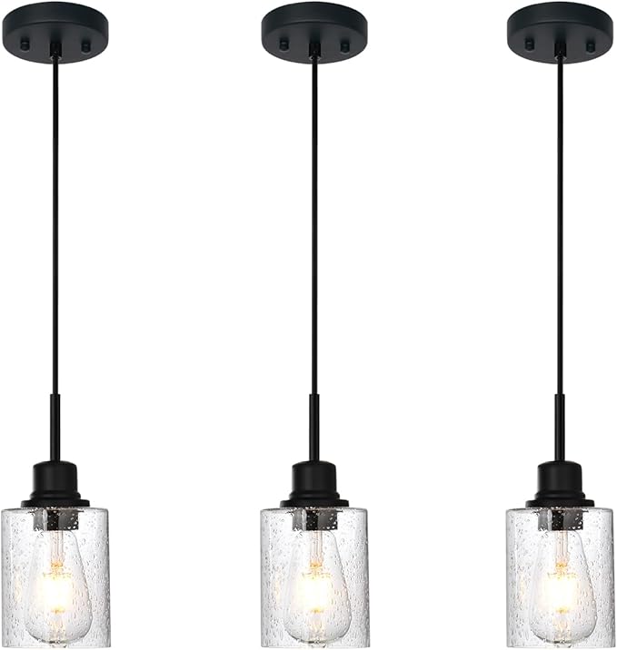 Modern Farmhouse Mini Chandeliers 3 Pack Black Pendant Lights Kitchen Island with Seeded Glass, Dining Room Lighting Fixtures Hanging Ceiling for Sink Bar Hallway Porch Corridor Bedroom-Ruum Studio Home