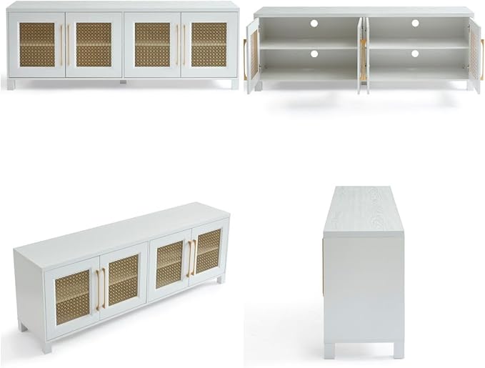 JYED Mid Century Modern TV Stand for TVs up to 75", 69.5" W White Entertainment Center with 4 Gold Metal Mesh Doors - Wood Grain MDF TV Console, Media Storage-Ruum Studio Home