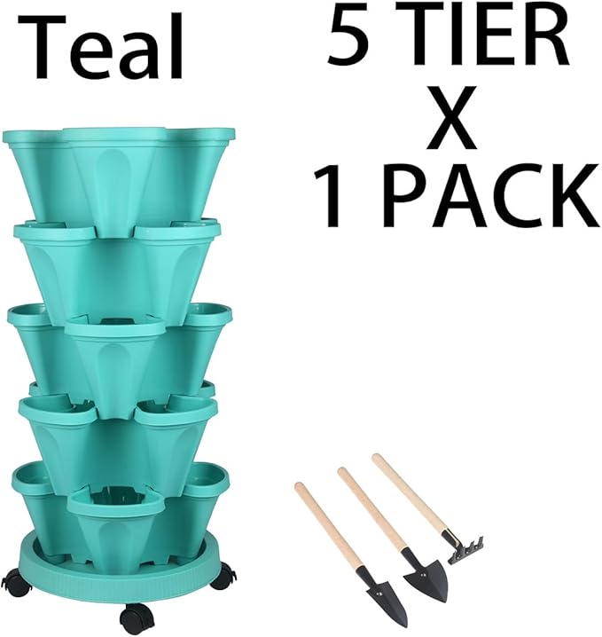 Vertical Planter 5 Tier Stackable Planters Garden Planters Strawberry Herb Flower and Vegetable Planter Indoor Outdoor Gardening Pots with Removable Wheels and Tools-Ruum Studio Home
