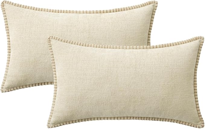 MIULEE Pack of 2 Christmas Pillow Covers 12x20 Inch Cream White Farmhouse Decorative Throw Pillow Covers with Stitched Edge Soft Chenille Solid Dyed Couch Pillow Covers for Sofa Bed Living Room-Ruum Studio Home