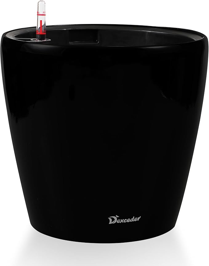 Dexceder 15x14 Self Watering Planter with Wheels Indoor Outdoor, Inner Pot Design, Thickened Large Floor Standing Flower Plant Pot with Water Level Indicator (Black Matte)-Ruum Studio Home