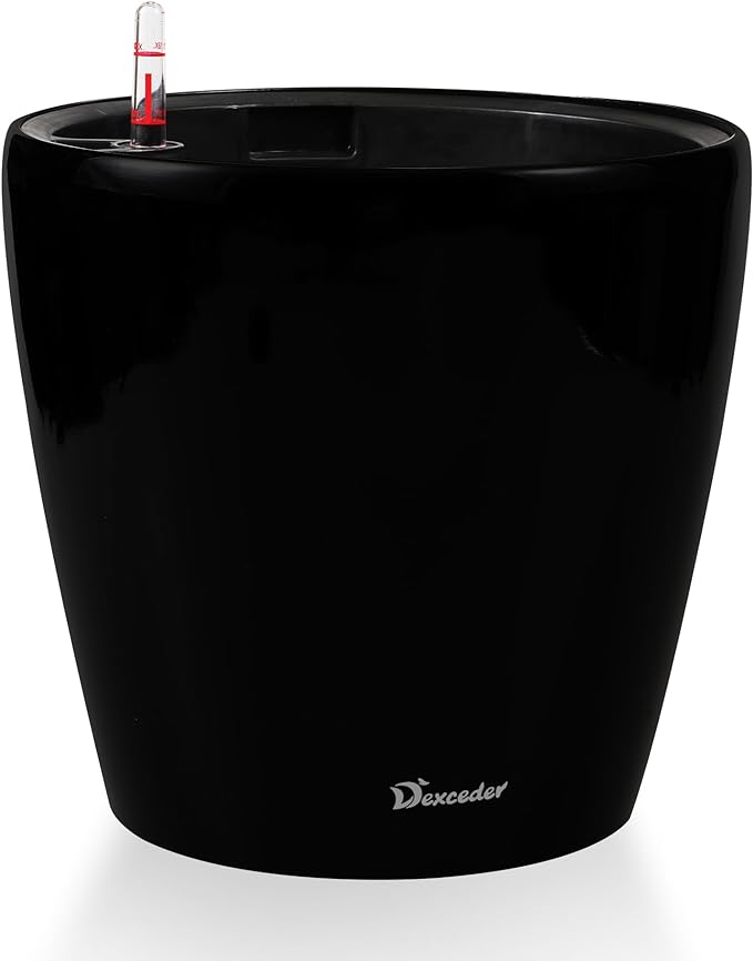 Dexceder 18x17 Self Watering Planter with Wheels Indoor Outdoor, Inner Pot Design, Thickened Large Floor Standing Flower Plant Pot with Water Level Indicator (Black Matte)-Ruum Studio Home