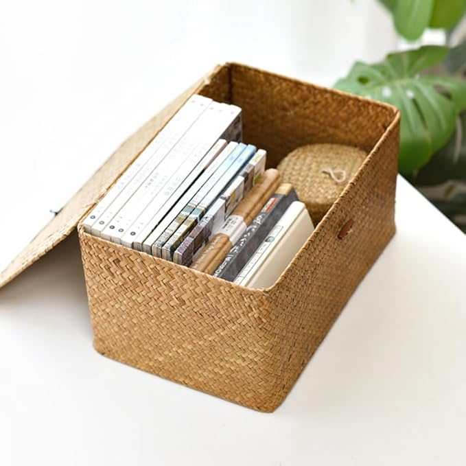 Wicker Basket with Lid, Seagrass Storage Basket, Woven Baskets for Storage, Decorative Storage Baskets for Shelf Organizing, Natural-Ruum Studio Home