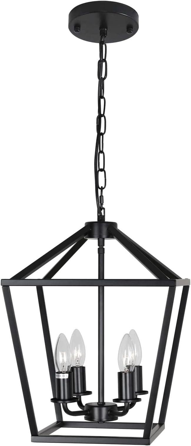 4-Light Lantern Pendant Light,Modern Industrial Black Cage Farmhouse Chandelier for Kitchen Island,12'' Rustic Metal Hanging Lighting Fixture for Dining Room Bedroom Foyer Entry Porch-Ruum Studio Home