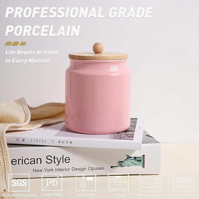 Sweejar Ceramic Kitchen Canisters, 28 FLOZ Porcelain Food Storage Jar with Airtight Seal Wooden Lid, Home Container Serving for Coffee Beans, Tea-leave, Sugar, Salt and More, Tool Bucket (Pink)-Ruum Studio Home