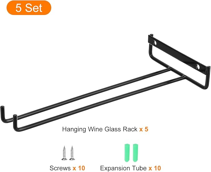 uxcell 5Pcs Wine Glass Rack, 10.43 Inch Iron Wine Glasses Rack Under Cabinet Stemware Rack - Wall Mountable Wine Glass Holder Storage Hanger for Bars Coffee Restaurants Kitchens, Black-Ruum Studio Home