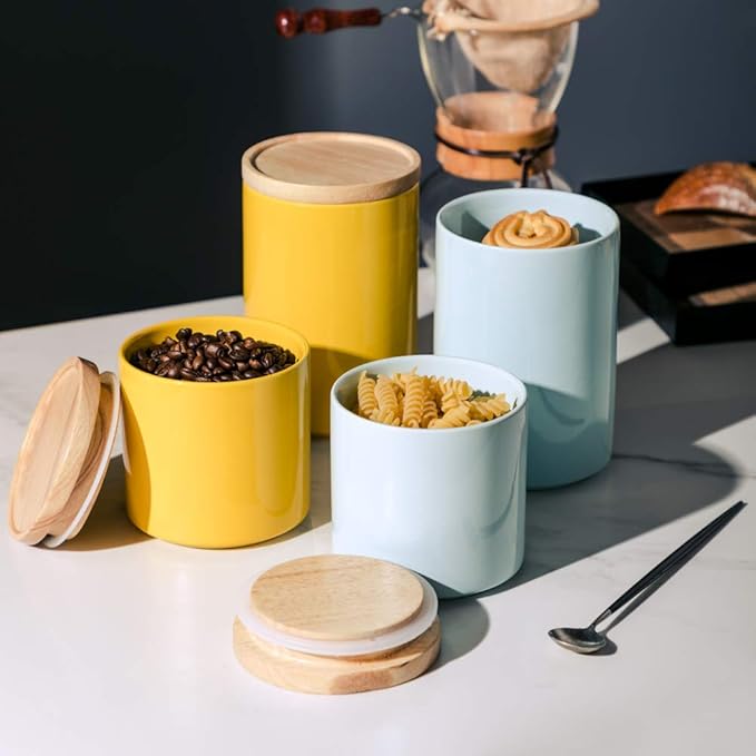 Sweejar Kitchen Canisters Ceramic Food Storage Jar, Stackable Containers with Airtight Seal Wooden Lid for Serving Ground Coffee, Tea, Sugar, Salt and More - 28 Fl Oz (Yellow)-Ruum Studio Home
