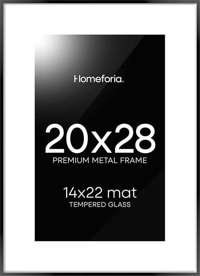 Homeforia 20 x 28 Picture Frame Black, High End Metal 20x28 Poster Frames with Mat 14x22 for Photo, 20 x 28 Black Frame Matted to 14 x 22 Print, 28x20 Hanging Frame, Tempered Glass, Wall Kit, Set of 1-Ruum Studio Home