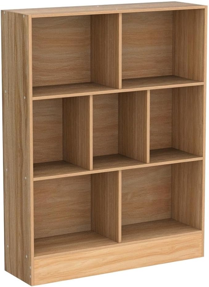LEYAOYAO 7 Cube Bookshelf with Base,3 Tier Mid-Century Modern Natural Bookcase,Standing Wide Bookshelves Storage Organizer Shelf,Rustic Wood Display Cabinet Book Shelves for Bedroom,Living Room,Office-Ruum Studio Home