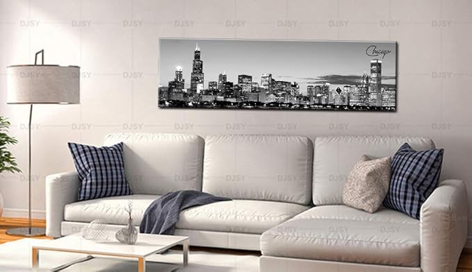 DJSYLIFE Chicago Skyline Wall Art - Black and White Modern Panoramic Cityscape Night View Picture Painting Bedroom Office Living Room Kitchen Home Decoration - Ready to Hang 13.8 "x 47.3" - Chicago 2-Ruum Studio Home