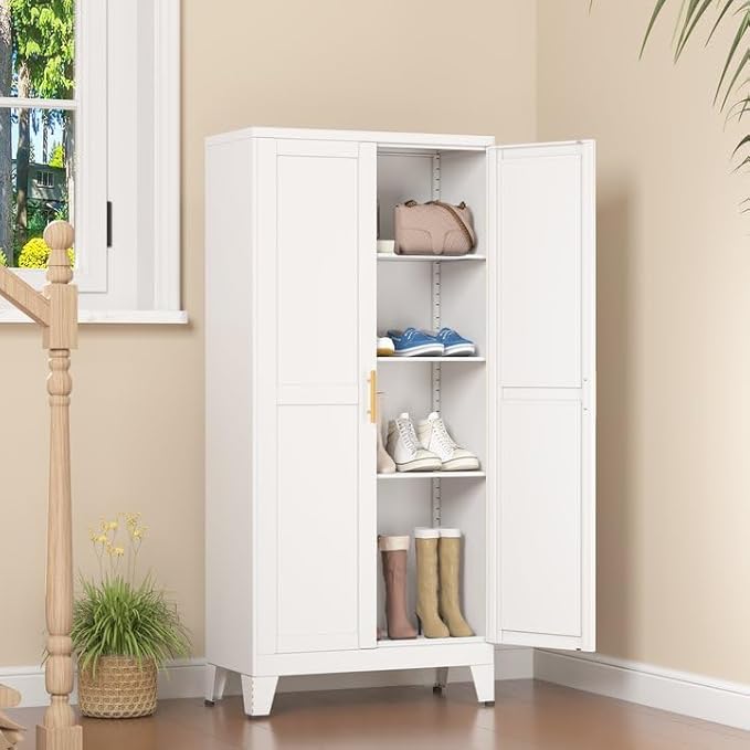 White Metal Storage Cabinet, 48" Steel Cabinets for Home Office, Kitchen Pantry Storage Cabinet with Doors and 3 Adjustable Shelves, for Office, Home, Garage, School-Ruum Studio Home