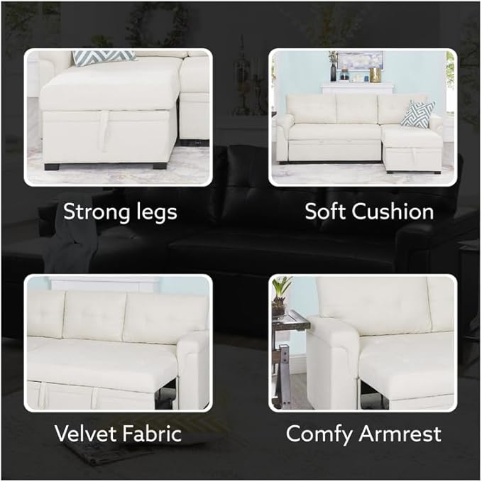 Naomi Home Transform Any Space: Sleeper Sectional Sofa with Convertible Sofa Bed & Inviting Chaise. Find Tranquil Comfort with Stress-Relieving Design & Durable Cushions - Cream/Velvet-Ruum Studio Home