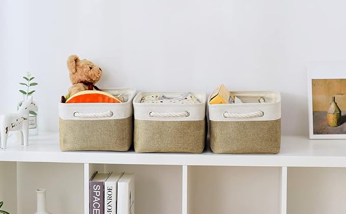 TheWarmHome Storage Basket for Organizing - 14x10x7 inch Medium 3 Pack Collapsible Storage Bin for Shelves with Handles, Canves Storage Box for Organizer Cubes Cloth Gift Toy Closet (White & Khaki)-Ruum Studio Home