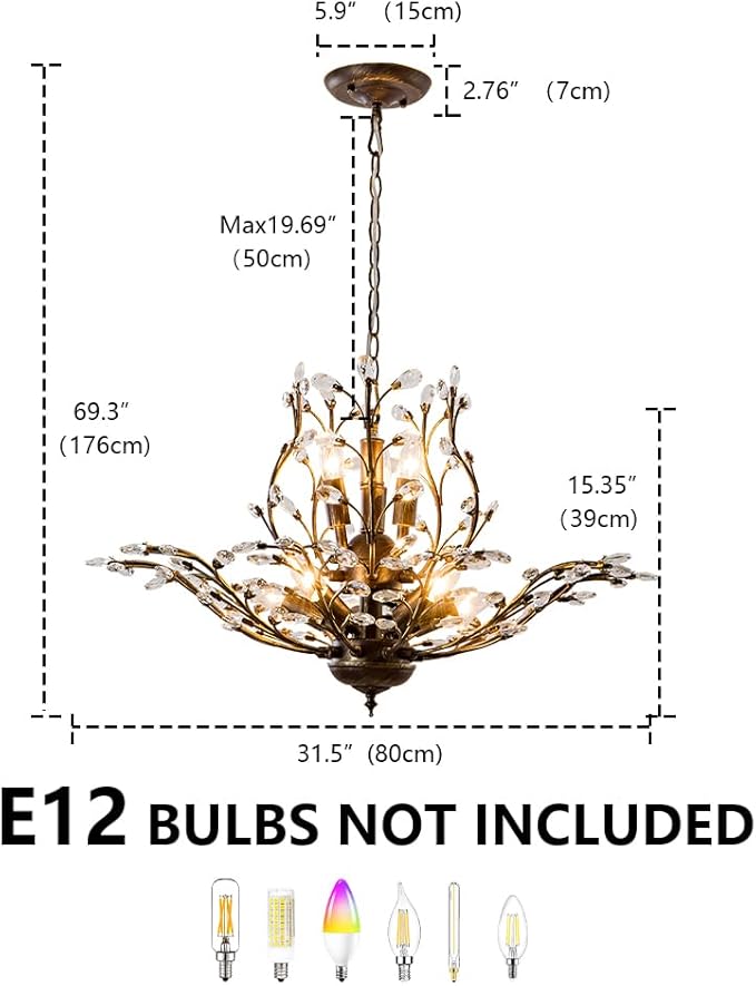 Vintage Farmhouse Chandelier 8-Light Crystal Branch Pendant Lights for Living Room Dining Room Porch Kitchen Island Bedroom Restaurant, Aged Bronze-Ruum Studio Home