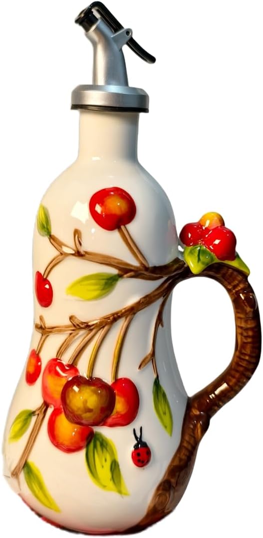 18 Oz Hand Painted Relief Ceramic Olive Oil Bottle Dispenser for Kitchen, Oil and Vinegar Bottle, Seasoning Bottle with Stainless Steel Nozzle, 540mL Oil Container with Handle for Cooking, Light Proof-Ruum Studio Home